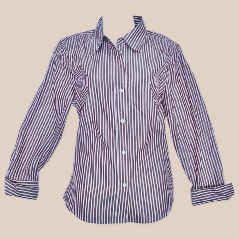 Tracy M. 100% Silk Button Down Blouse in Burgundy and Red Stripes